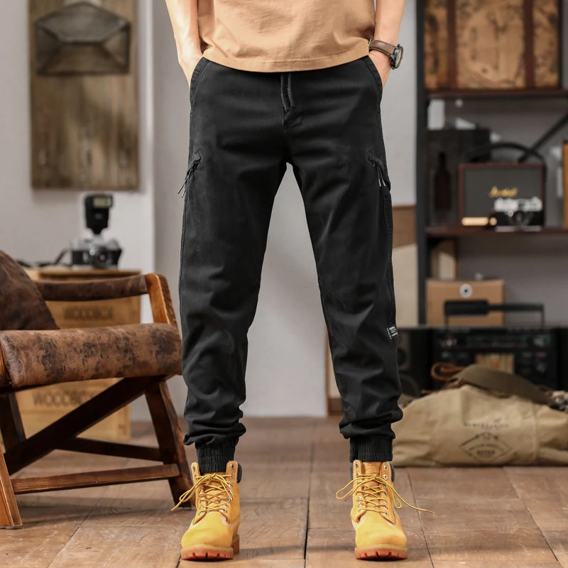 Safari Style Pockets Spliced Trousers Men\'s Clothing Loose Chic Drawstring Elastic Spring Summer Solid Color Casual Cargo Pants