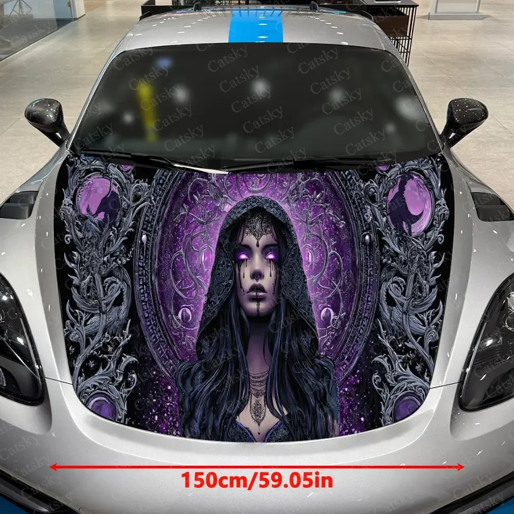 Gothic Magic Witch Car Vinyl Wrap, PVC Waterproof Car Hood Sticker, Self-Adhesive Scratch-Resistant Engine Cover Sticker