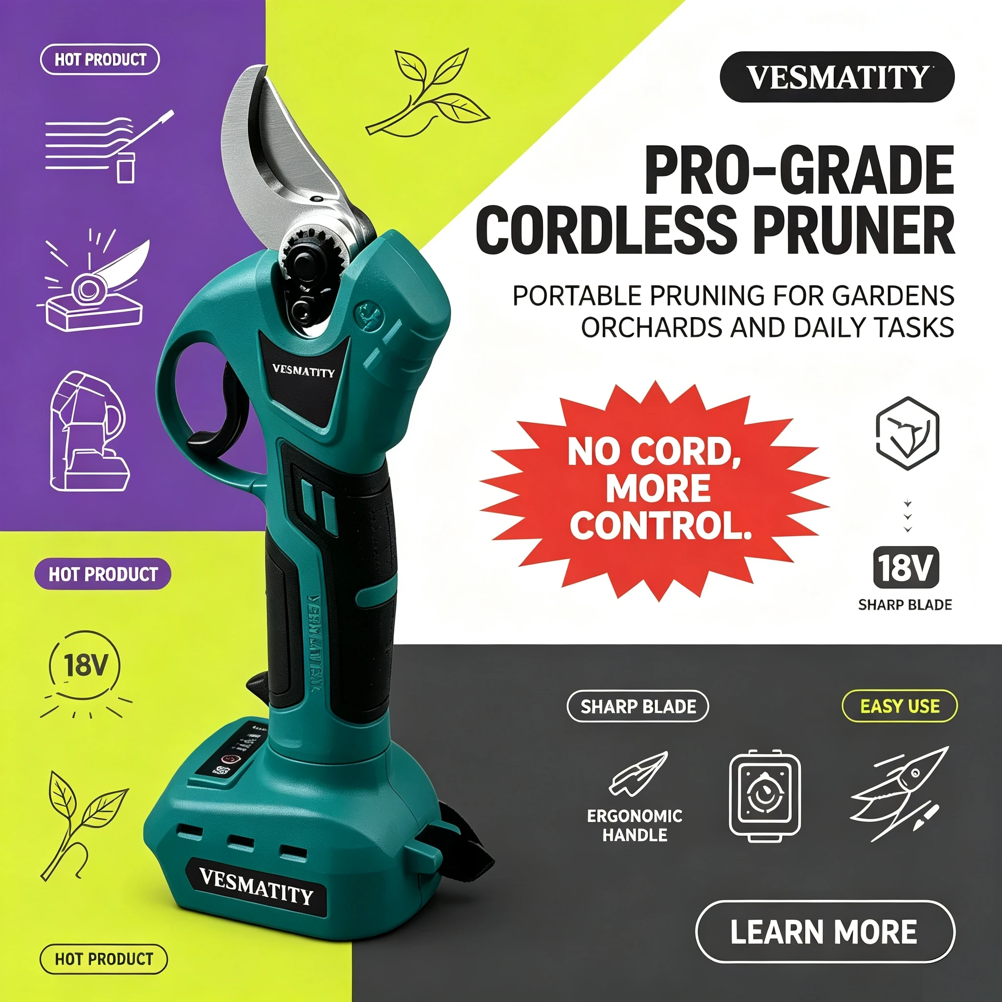 2026 VESMATITY Brushless Electric Pruning Shears Garden Tool Branche Cutter Cordless Electric Garden Scissors Fruit Tree