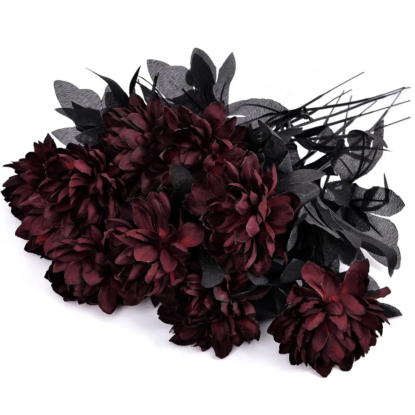 Halloween Decoration Burgundry Dahlia Black Artificial Flower Branch Arrangement Materials Fake Flower Table Home Party Decor