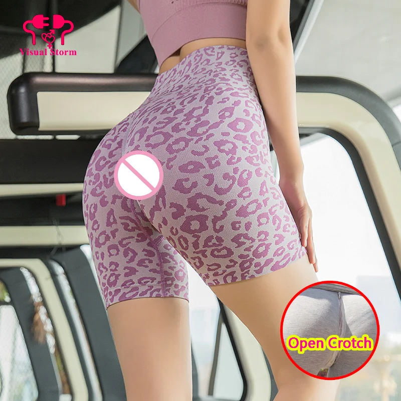 

Woman Sexy Open Crotch Mini Gym Leggings Invisible Zippers Outdoor Crotchless Fitness Leopard Hot Pants Sport Trousers Clubwear