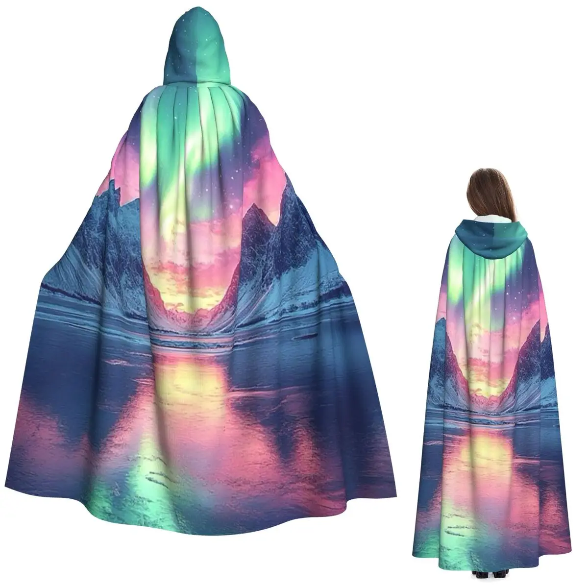 ファンタジー オーロラ ボレアリスと雪 ロングフード付きマント 魔女 中世コスチューム コスプレケープ ハロウィンヴァンパイア 大人用 ユニセックス