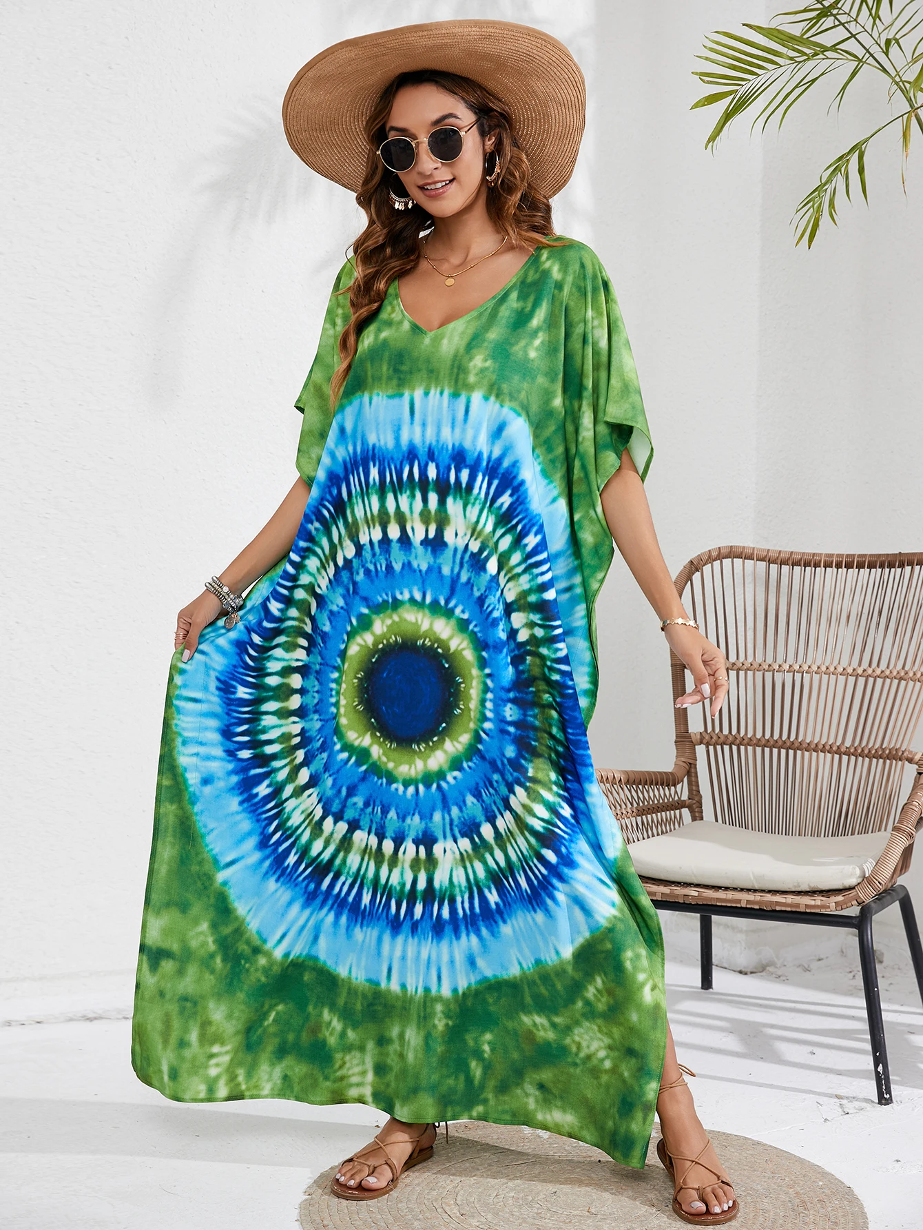 Women s Boho Cover Up Plus Size Tie Dye Batwing Sleeve V Neck Maxi Kaftan Cover Up Dress
