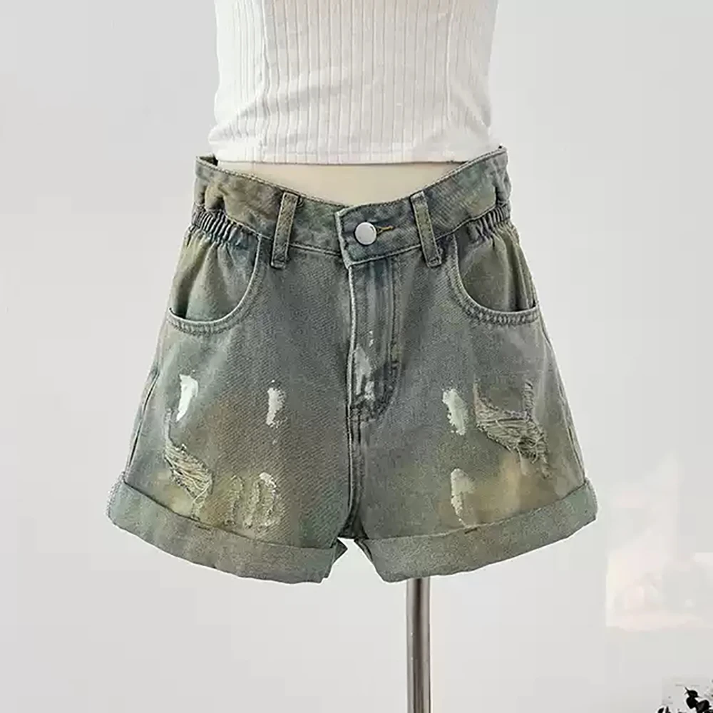 Short en Denim rétro américain pour femmes, taille haute, effiloché, trou court, décontracté, assorti avec tout, tenue de soirée et de Club