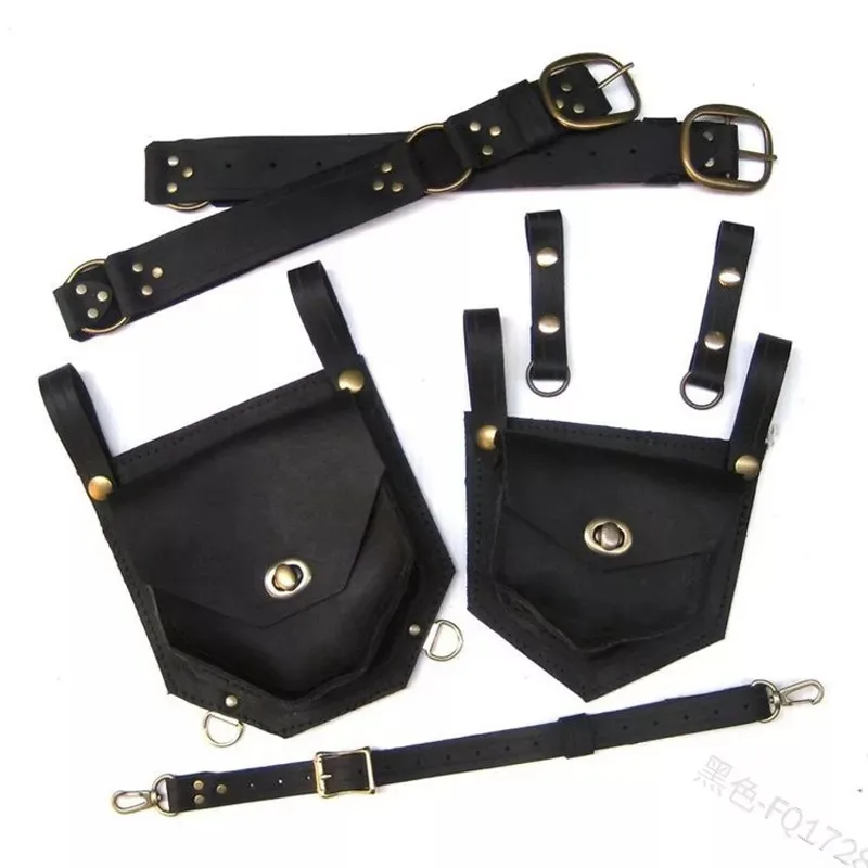 Punk Medieval Leather Shoulder Bag Vintage Double Phone Case Wallet Pocket Festival Outdoor Sports Gear Cosplay Prop Waist Pack