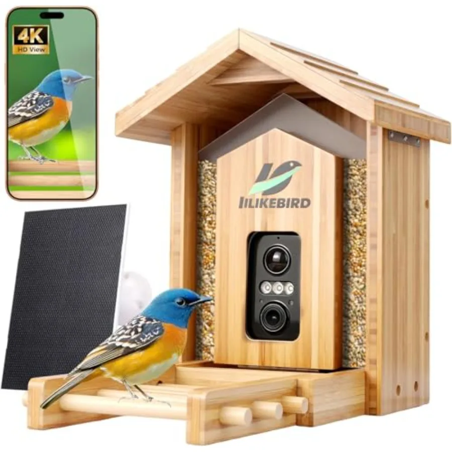 

Outdoor garden bird feeder with solar USB-C charging IP65 weatherproof ABS plastic black design 4K camera and 10000+ AI bird id