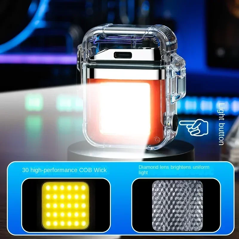 2024 True Watch Transparent Waterproof Dual Arc USB Lighter Outdoor COB Lighting Lamp Power Display Smoking Accessories Gadgets