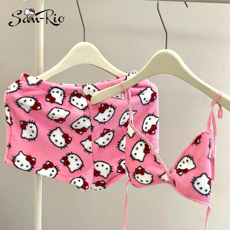 

Plush Hello Kitty Women's Pajamas Set Sleepwear 2Pcs Short Tank Tops and Shorts Sexy Homewear Women Pink Pajamas Bra Sets