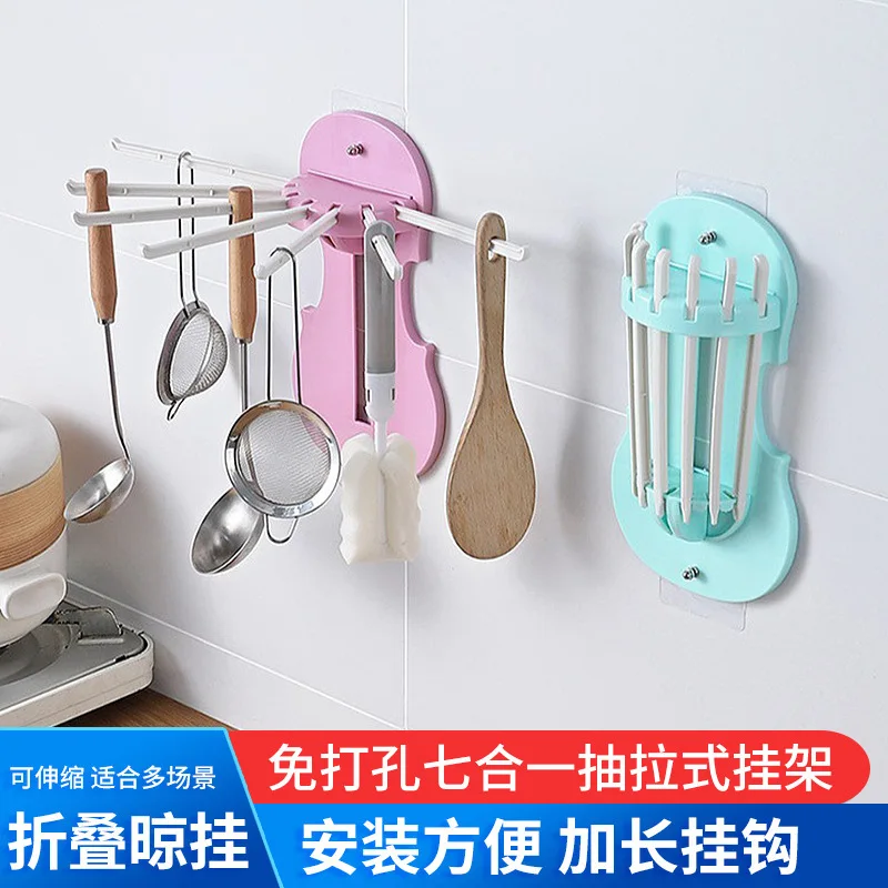 Punch Free 7-In-1 Pull-Out Hanging Rack Kitchen Wall Mounted Traceless Hook Multi-Functional And Expandable Storage Rack