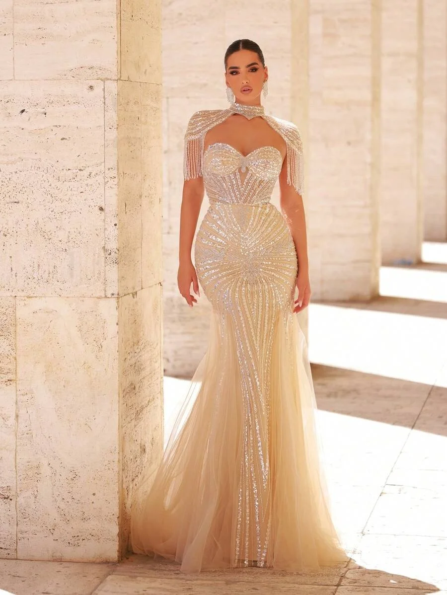 

DRESS FORU Gorgeous Sexy Evening Dresses Lace for Floor-Length Sleeveless Beading Tassel Mermaid Robe De Soirée Customized