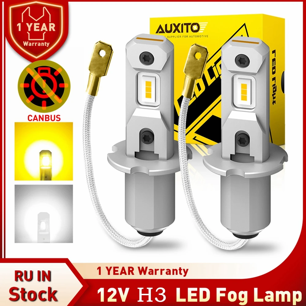 AUXITO 2Pcs H3 LED Car Headlight Fog Light Bulb Fanless Daytime Running Light No Polar H3 Car Driving Lamp Super Bright DRL 12V