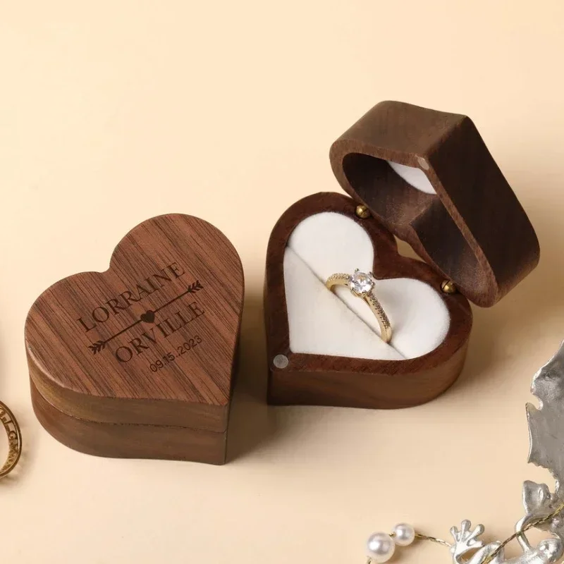 1PCS Free Engraving Heart Shaped Wooden Ring Box for Wedding Ceremony Jewelry Ring Box Storage Proposal Wedding Birthday Gift