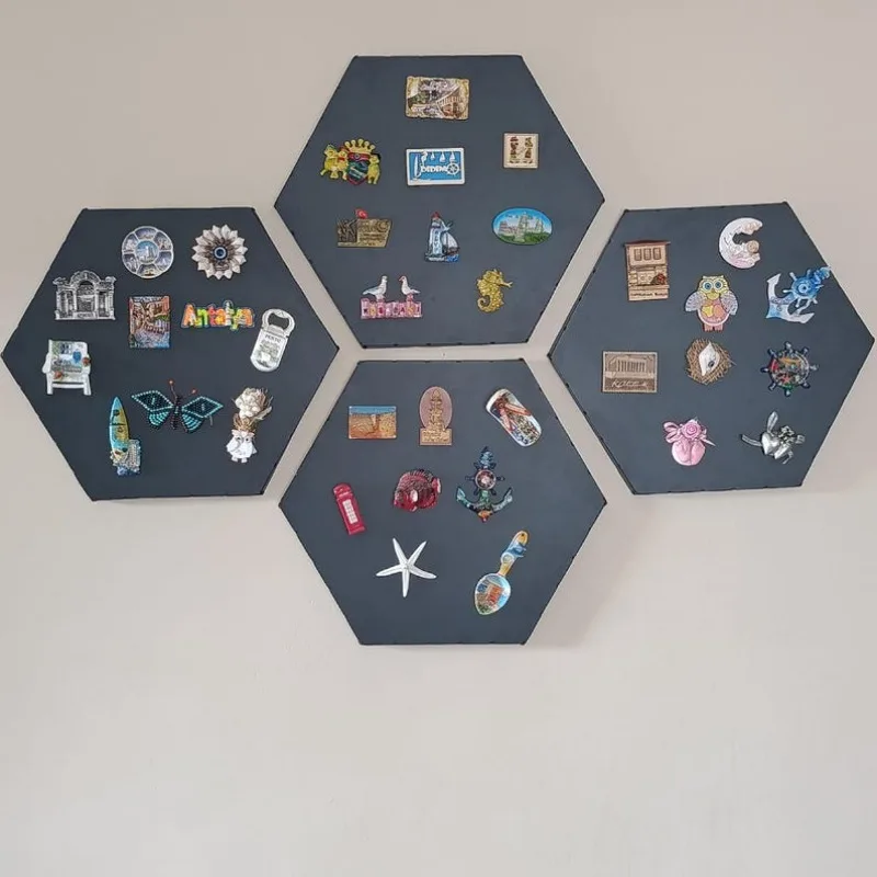 3D Black Magnet Display Board Hexagon Metal Magnet Board  Wall Mounted Magnetic Board Modern Fridge Magnet Holder.
