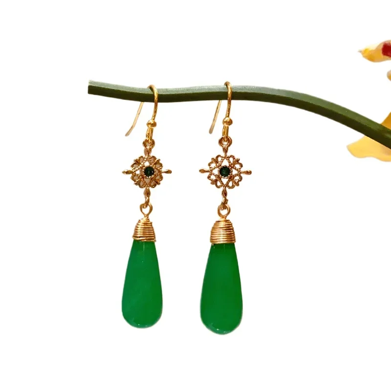 

New Chinese style water drop jade earrings women's cheongsam earrings Hanfu antique temperament long anti-allergic
