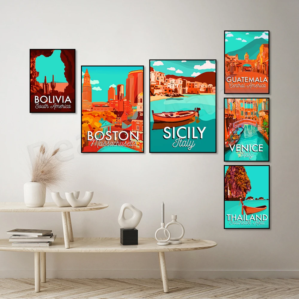 Portugal, Italy, Sicily, Venice, Sardinia, Thailand, Guatemala, Bolivia, Boston, Massachusetts, Portsmouth, UK travel poster