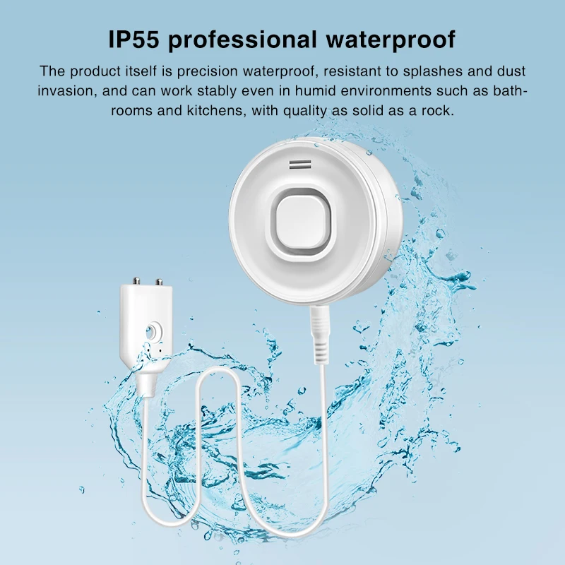 كاشف إنذار تسرب المياه، مستشعر المياه تنبيه بصوت عال 100 ديسيبل، مقاوم للماء IP55، سهل التركيب لفيضانات الطابق السفلي المنزلية بدون ذكي