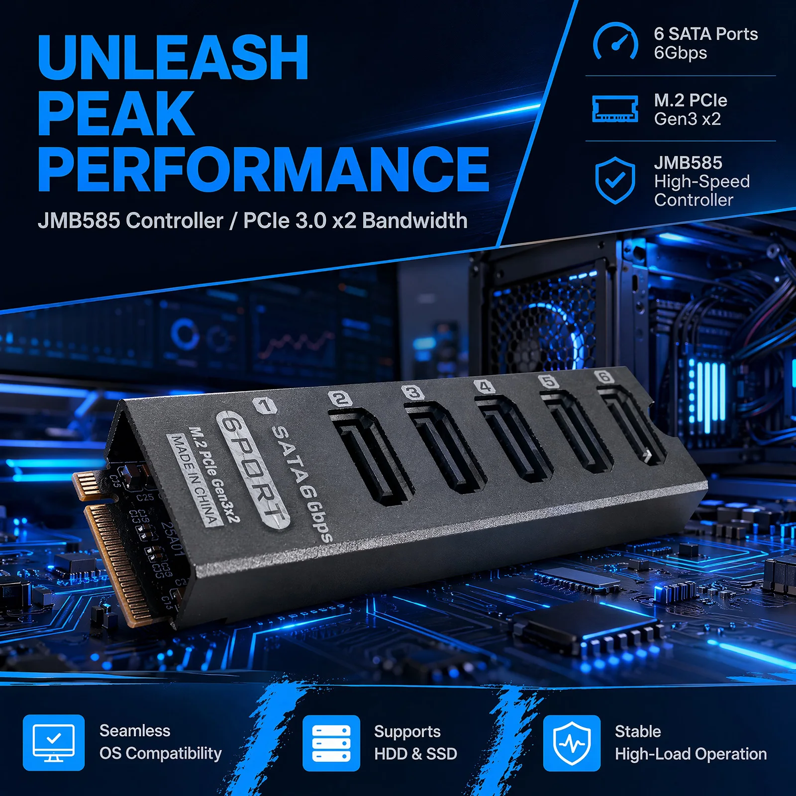 6 Port SATA 6Gbps PCIe 3.0 Expansion Card ASM1166 NAS HDD SSD Port Multiplier Support Aluminum Alloy Storage Controller