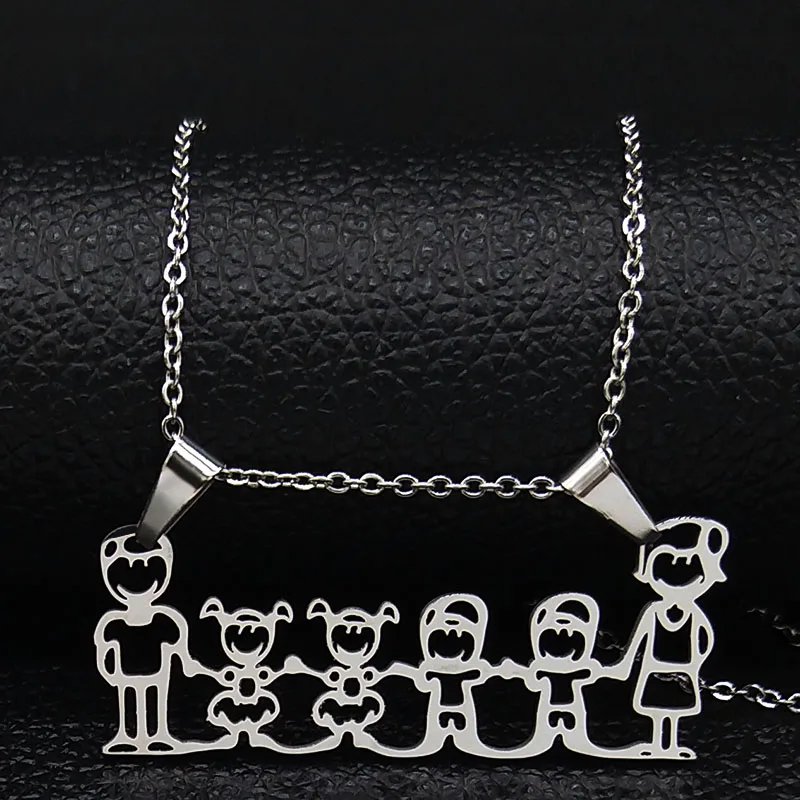 Family Mum Dad and Two Boys Two Girl Stainless Steel Statement Necklace Women Silver Color Necklaces Jewerly joyas N301S01