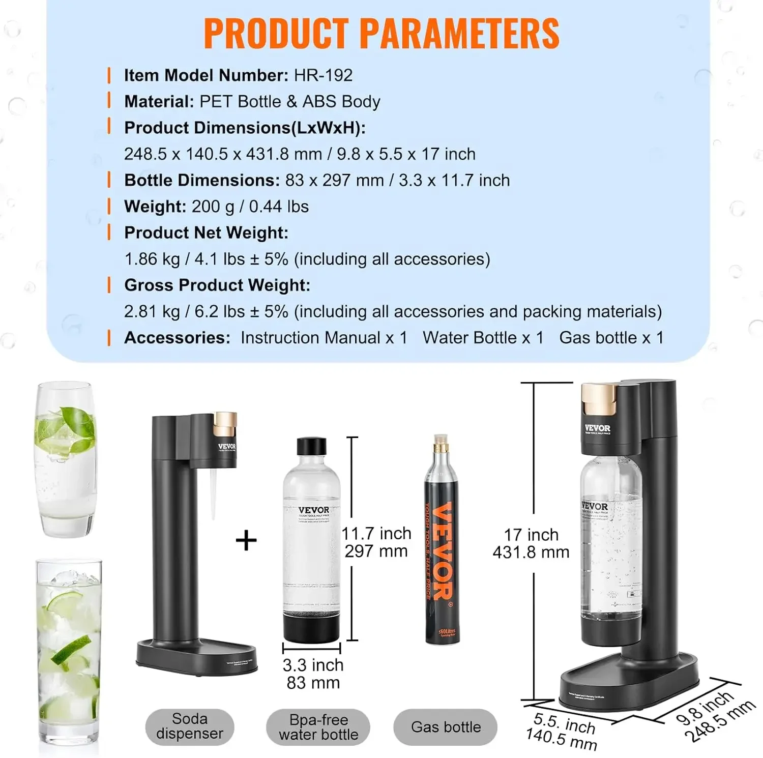 Bruiswatermaker met BPA-vrije PET-fles van 1 liter, frisdrankmakermachine voor koolzuur thuis, CO2-cilinder (exclusief CO2-GAS)