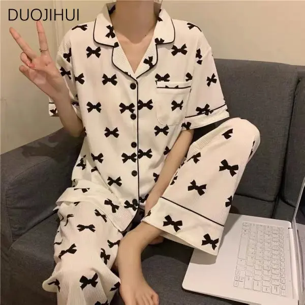 DUOJIHUI New Two Piece Sweet Casual Home Pajamas for Women Ins Spell Color Chic Cardigan Simple Pant Fashion Female Pajamas Sets