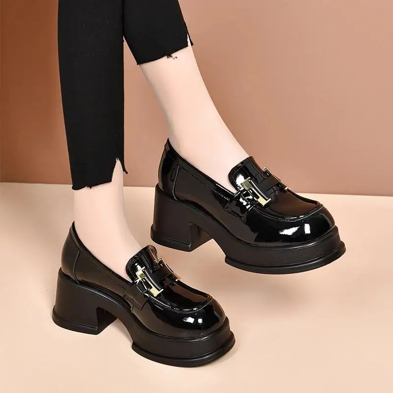 Elevated Heel Thick Bottom Loafers Women's Shoes British Style Spring Autumn New Model Heightening Single Shoes Fashionable F...