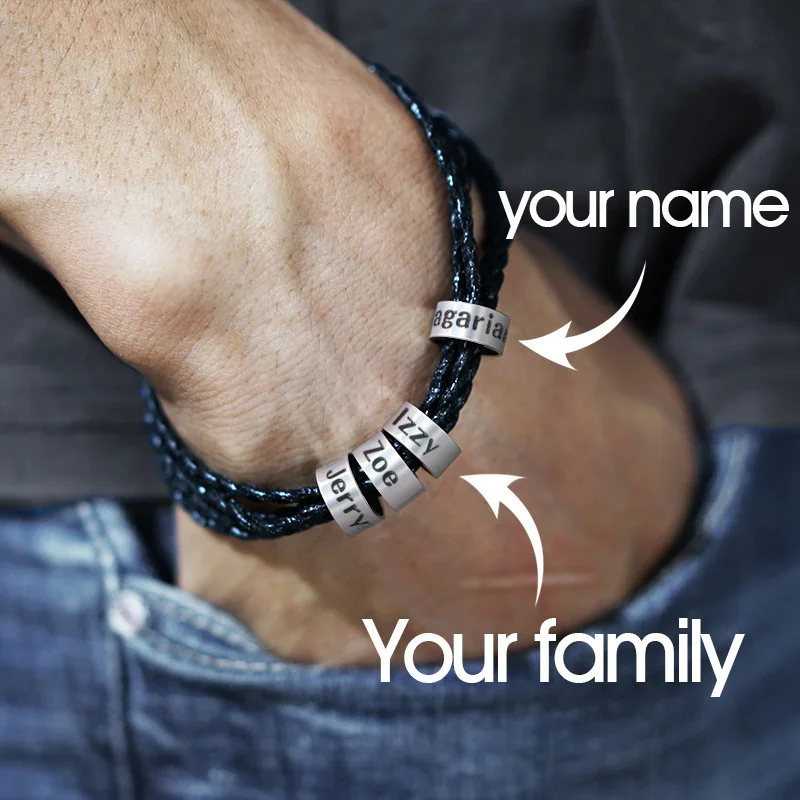 

Braided Leather Bracelet for Men with Custom Beads - Stainless Steel - Personalized Engraved Kids Family Names Bead Bracelet