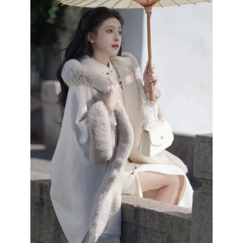 Large Fur Collar Cloak Shawl Fleece-lined and Thickened Imitation Rex Rabbit Fur Hooded Sweater Top Tassel Coat Ms.temperament