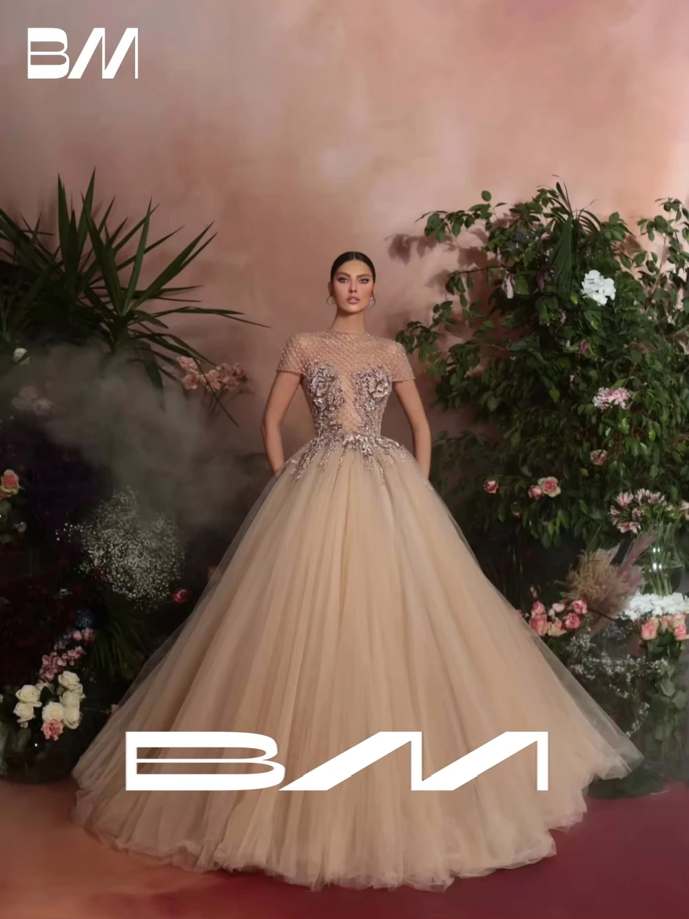 

Stylish Party Ball Gown Tulle Evening Dress Women Pearls Illusion Banquet Modern Prom Customized New Arrival O Neck Cocktail