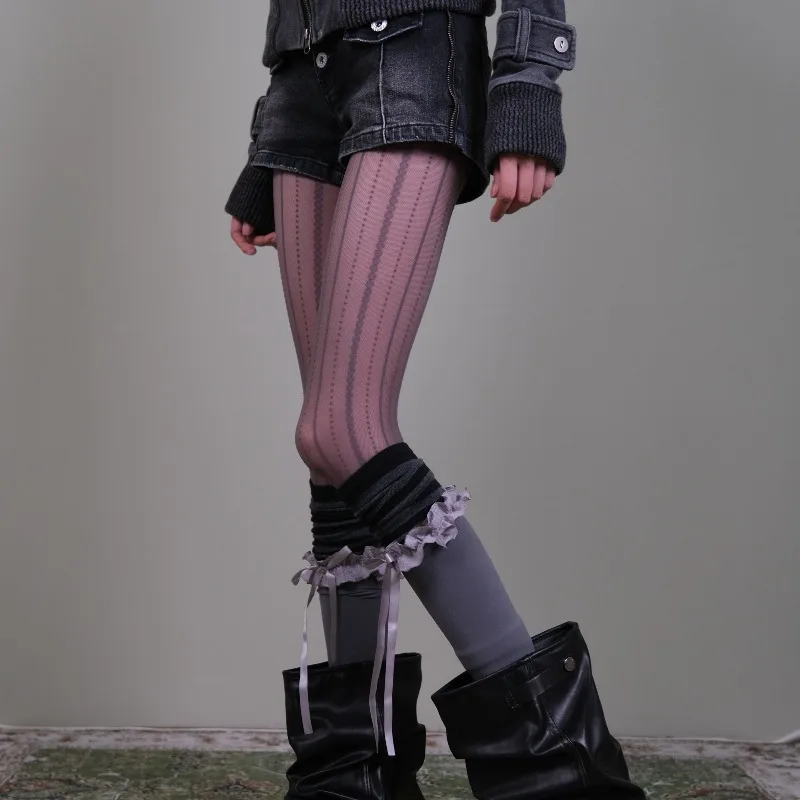 Women Y2K Aesthetic Layered Socks Set, Autumn Winter Retro Spliced Grey Purple Lace-up Thigh High Socks, Harajuku Streetwear