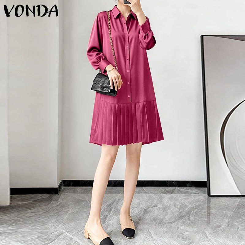 VONDA Damskie Sukienki Koszulowe na Jesień 2025 Długi Rękaw Jednolite Eleganckie Mini Sukienki Letnie z Kołnierzykiem Zapinane na Guziki Z Falbankami Vestidos Modne Codzienne Szaty