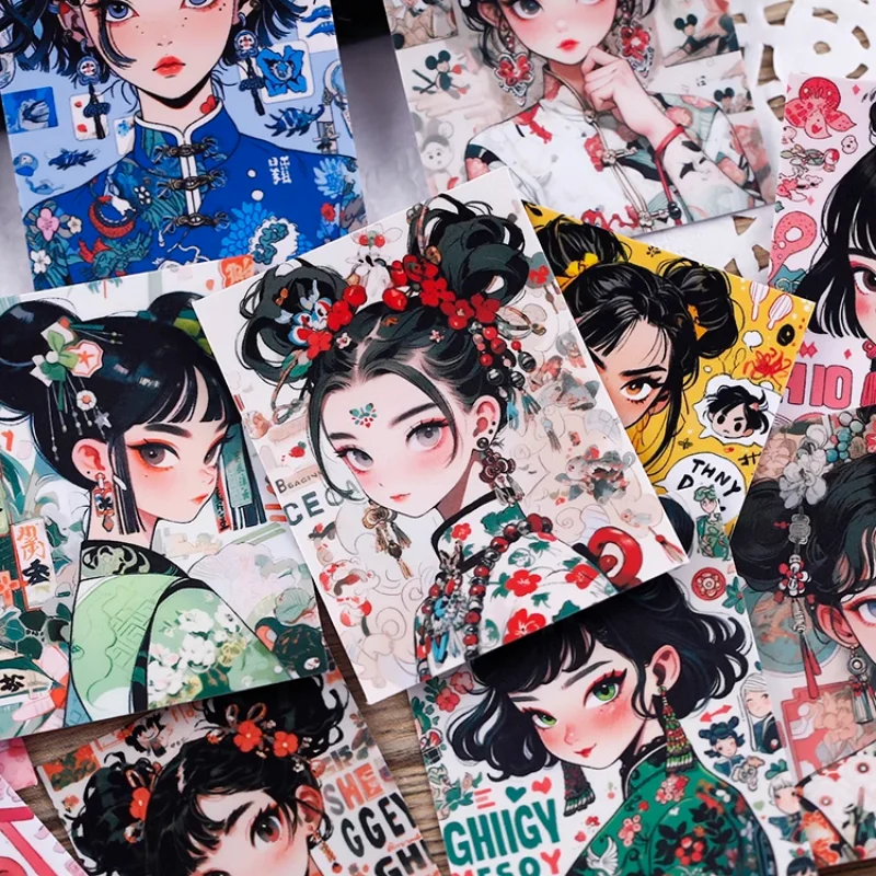 16pcs Stationery Stickers with Chinese Retro Girls  Waterproof Features Perfect for DIY Crafts, Journal Decoration  Scrapbooking