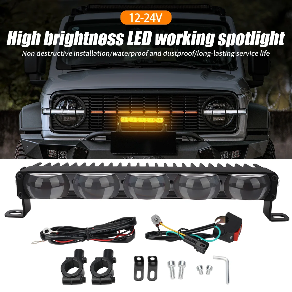 5 Lens Motorcycle Headlight Handlebar LED Light Bar Set 12-24V Spotlight LED With switch Kit Fits Most Handlebars White Yellow