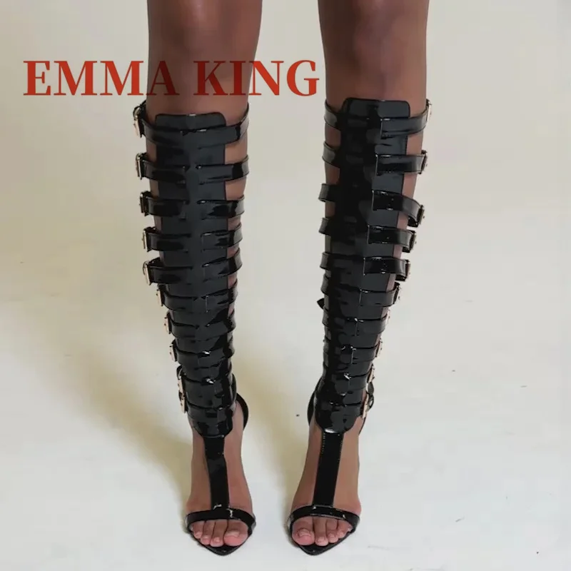المفتوحة تو كعب ستيليتو صنادل طراز جلاديتور مثير المفتوحة تو الركبة عالية الصنادل موضة ملهى ليلي الصيف مشبك معدني أحزمة الأحذية
