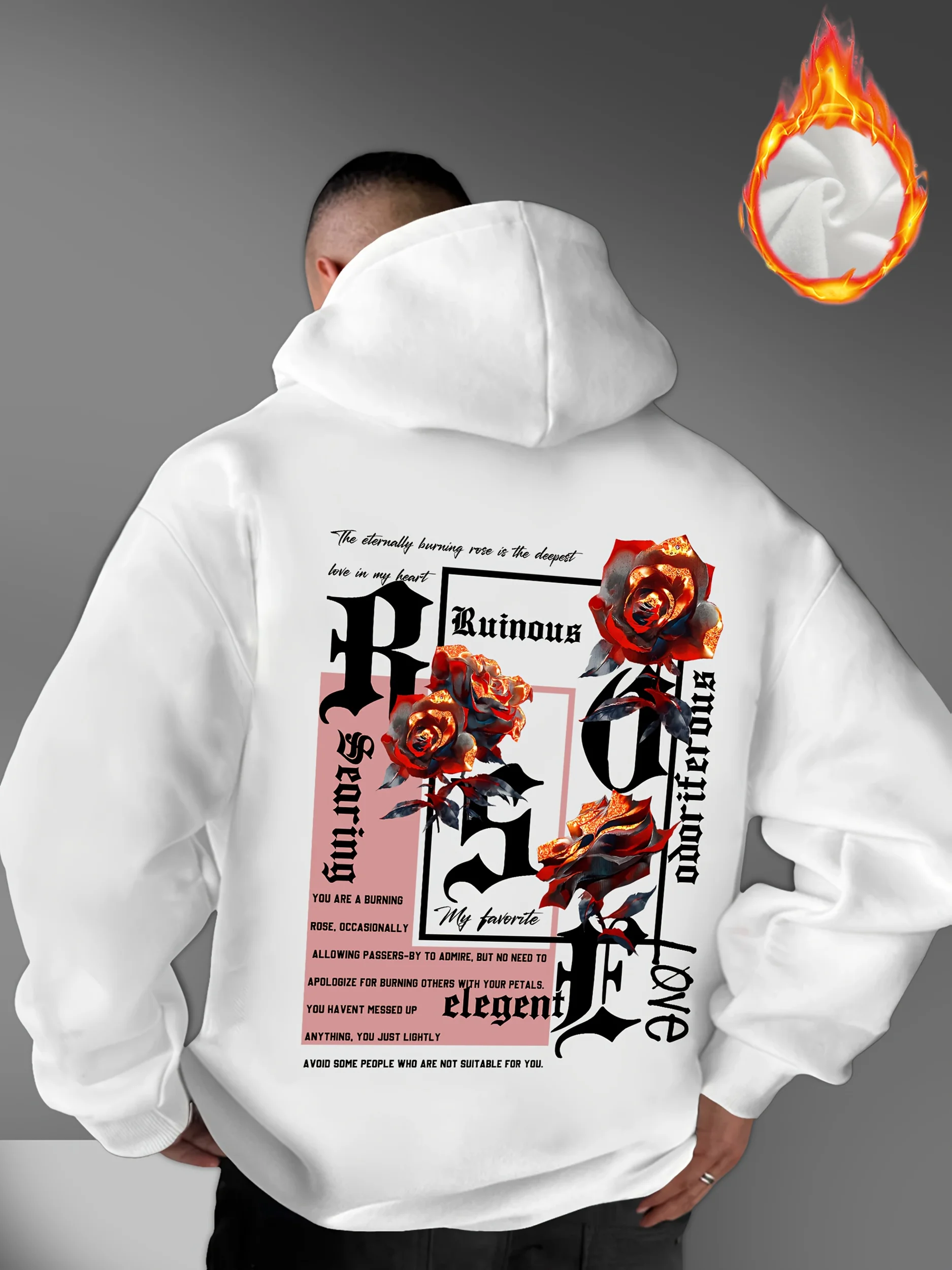Men's Autumn/Winter New Fashionable Hooded Sweatshirt American High Street Style Burning Flame Rose Print High Street American