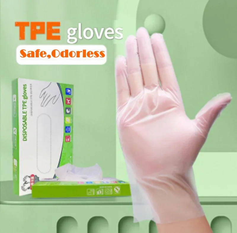 200Pcs Disposable Gloves Latex Free Gloves TPE Transparent Non-Slip Acid Work Safety Food Grade Household Cleaning Gloves