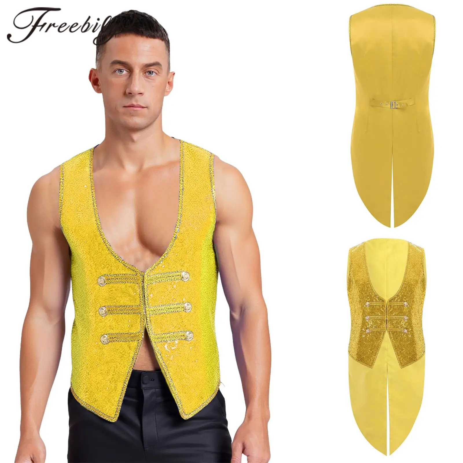 

Men Sequins Vest Ringmaster Halloween Costume Tailcoat Waistcoat Sleeveless Jacket Festival Performance Theme Party Role Play