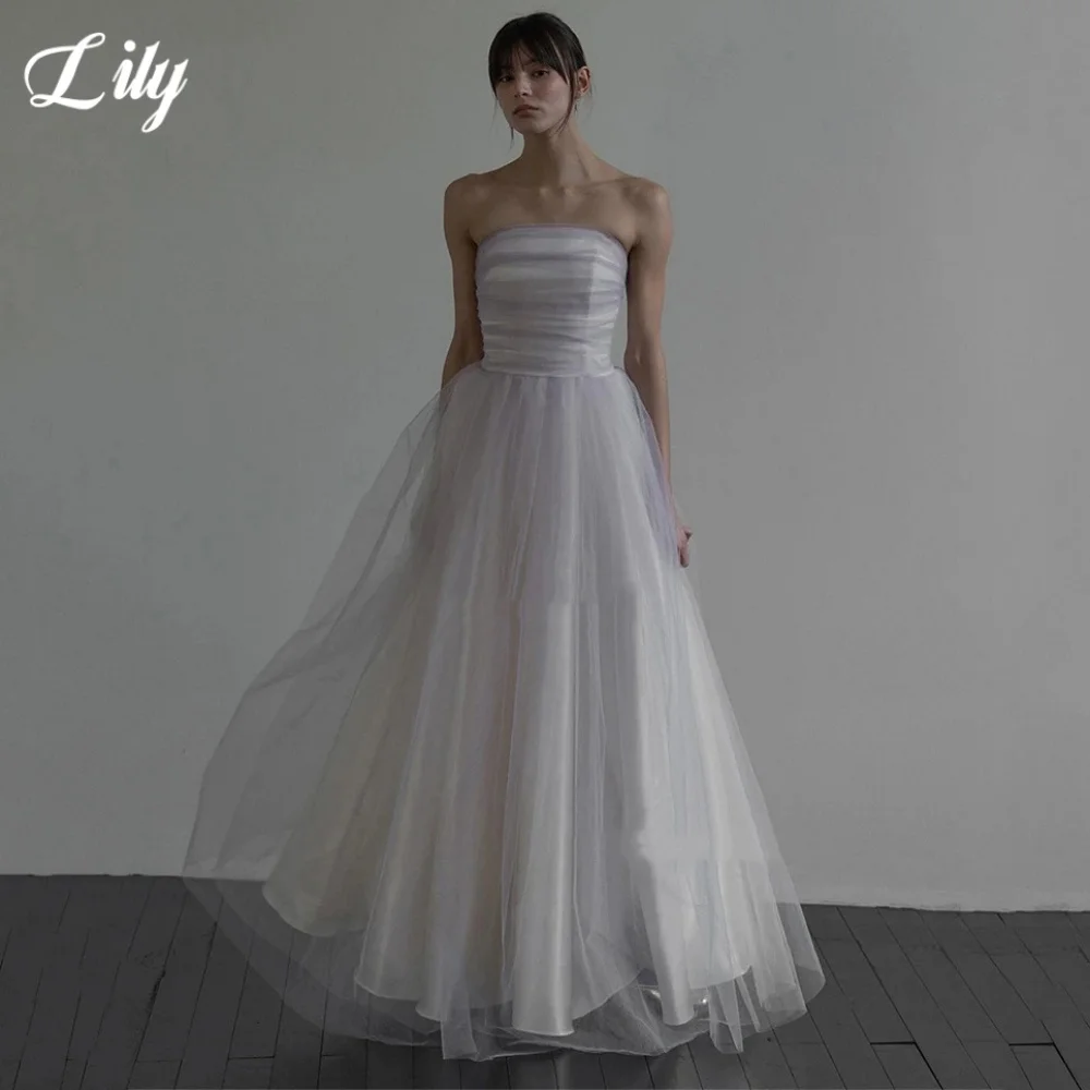 Lily Silver Elegant Prom Dresses Strapless Backless Prom Gown Tulle Sleeveless Ball Gown for Woman abiti da cerimonia Customized