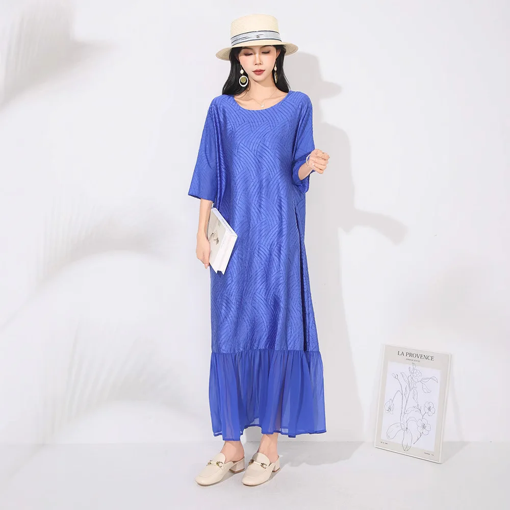 

Miyake Style High-End Textured Pleated Dress for Women Patchwork Hem Design Elastic Loose Half Sleeve Round Collar Clothing