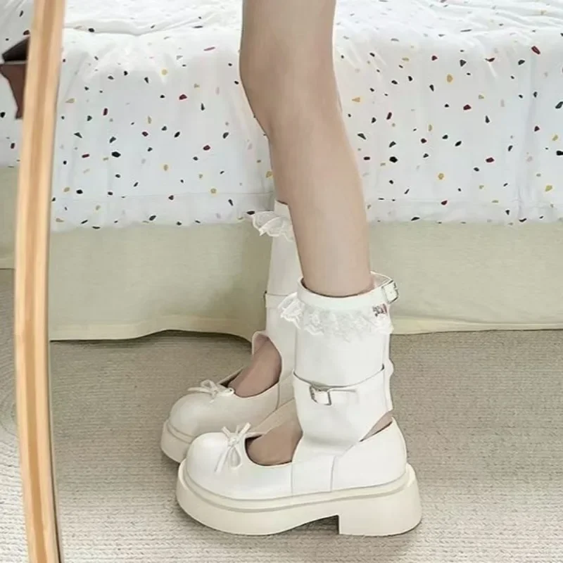 

Лето 2023, новые туфли на среднем каблуке с круглой головкой, женские модные штабелируемые сапоги, сапоги средней длины с кружевным украшением для девочек