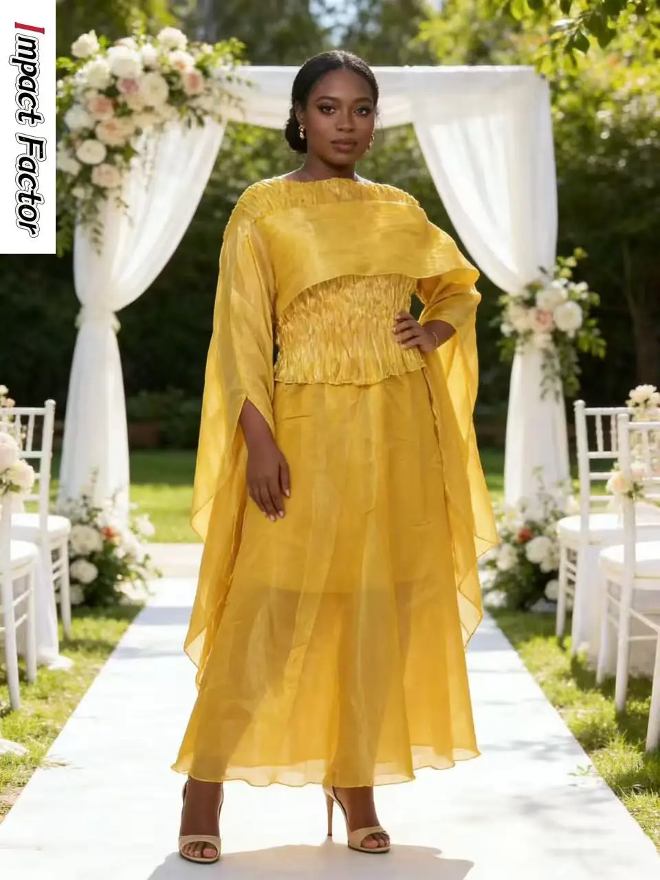 

Новинка 2026: Комплект из трех предметов в стиле Мияке — сетчатая прозрачная накидка-шаль с длинными рукавами, плащ для подиума и свадебное платье. Женская одежда.