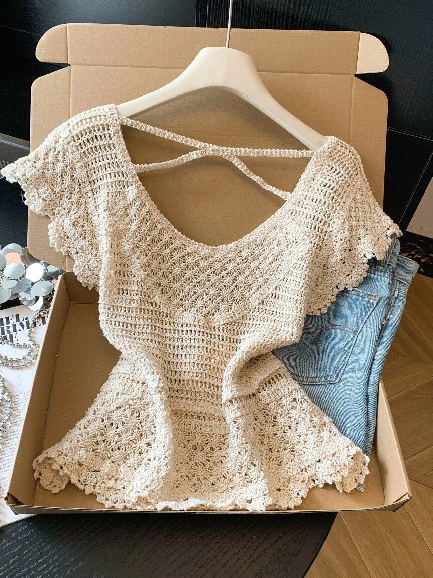 Women Maillard Sweet Knit Vest Hollow Out Flutter Sleeve Short Pullover Korean Fashion Beach Vacation Summer Designer Crop Top