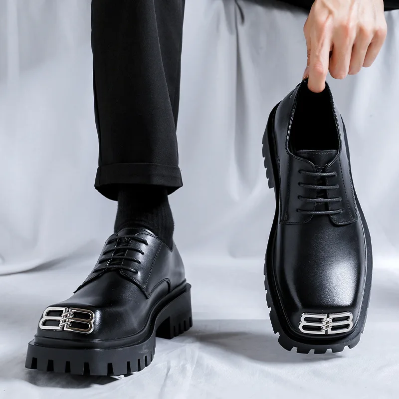 Men Casual Leather Shoes Fashion Derby Shoes Square Toe Trendy Designer Shoes for Men Sneaker Lace-up Thick Sole Heightened Shoe