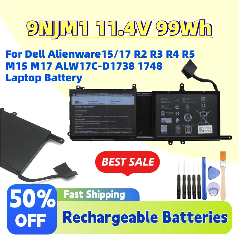 High-Quality 9NJM1 11.4V 99Wh Replacement Battery for Dell Alienware15/17 R2 R3 R4 R5 M15 M17 ALW17C-D1738 1748 Laptop Battery