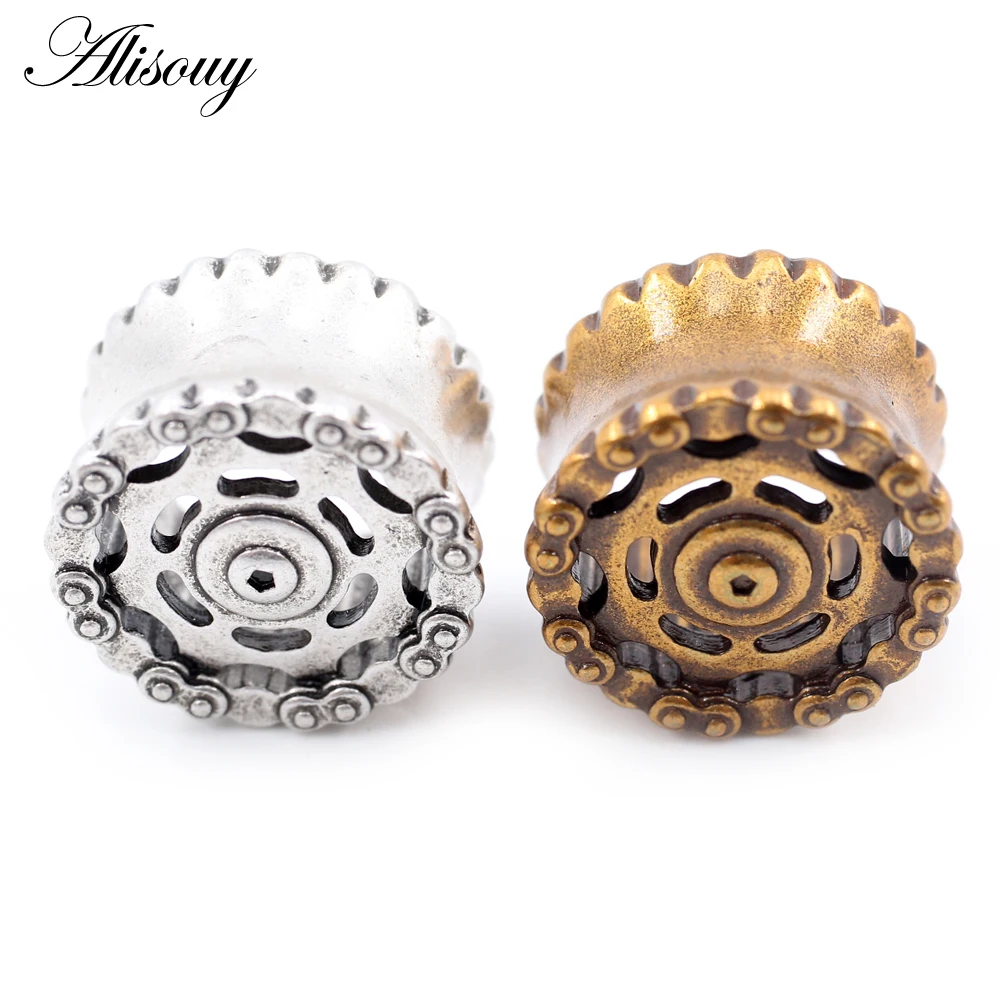 Alisouy 1PC Retro Rame Bicicletta Catena Gear Rotondo Tunnel per l'orecchio Spine Espansori Barella Calibri Orecchini Penetranti Gioielli per il corpo