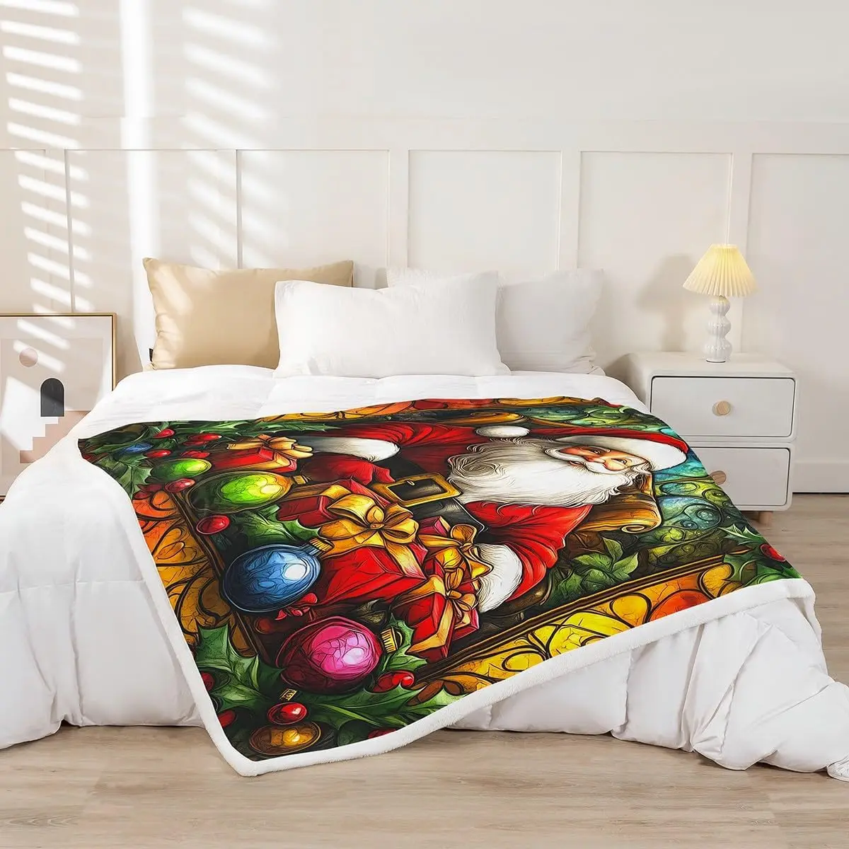 Santa Claus Kids Throw Blanket-Merry Xmas Bed Blanket for Boys & Girls,Rustic Farmhouse Fleece, Red Retro Fuzzy,Throw Size