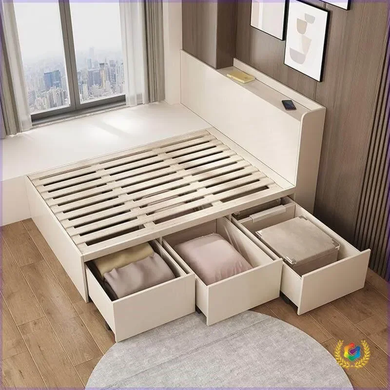 Modern Simple Bay Window Connecting Bed Tatami Storage Bed for Small Apartment Customizable Multi-functional Bedroom