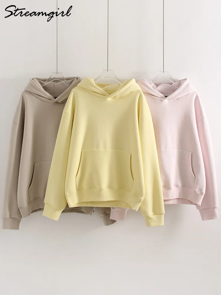 سترات شتوية دافئة كبيرة الحجم للنساء مع صوف داخل بلوزات سميكة صفراء مع قلنسوة للنساء سترات شتوية مخملية