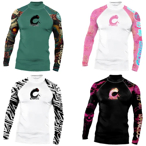 Imagen 2 del producto Noticias, escalada en la playa, protección contra sarpullidos de Surf para hombres, manga larga UPF 50+, protección solar, camiseta de natación de secado rápido, camiseta de compresión de cuello alto