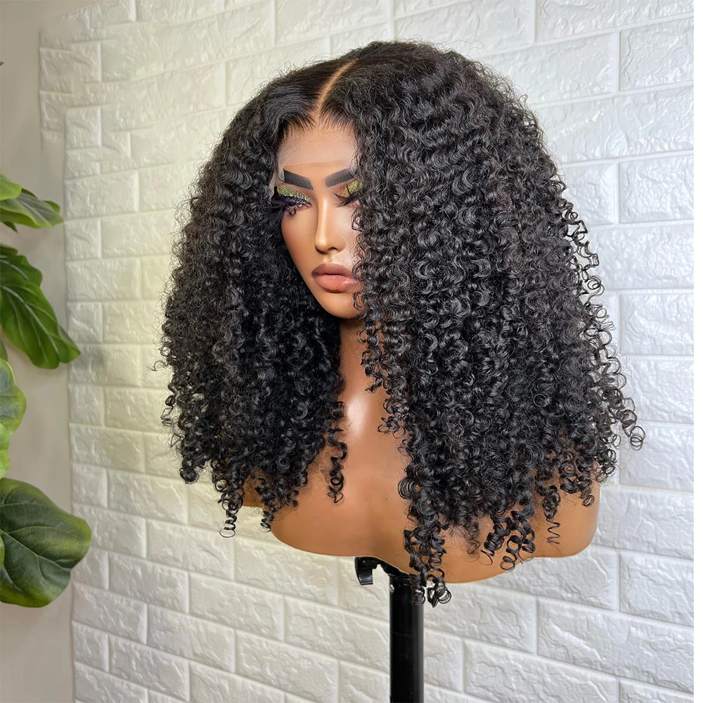 Macio 26 Polegada 180 densidade natural preto longo sem cola kinky encaracolado peruca dianteira do laço profundo para mulheres com cabelo do bebê pré-arrancado diariamente