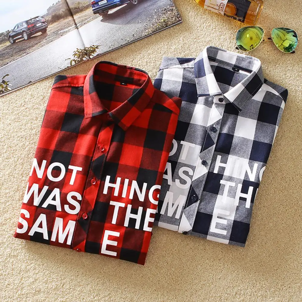 Casual Men Printed Plaid Shirt Men's Plaid Print Warm Cardigan with Lapel Color Matching Buttons Mid Length Loose Fit for Fall